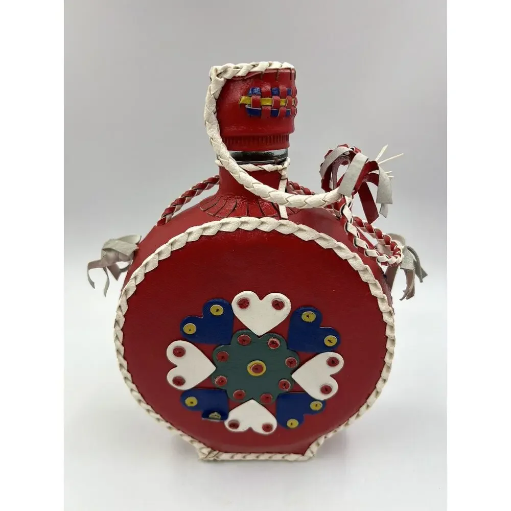 Vintage Leather‎ Braid Wrapped Covered Bottle/Decanter Hearts Red Folk Art